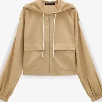 Zara Womens Anorak Jacket Medium 6 8 Camel Beige Hooded Zip Cropped Windbreaker • $34.75