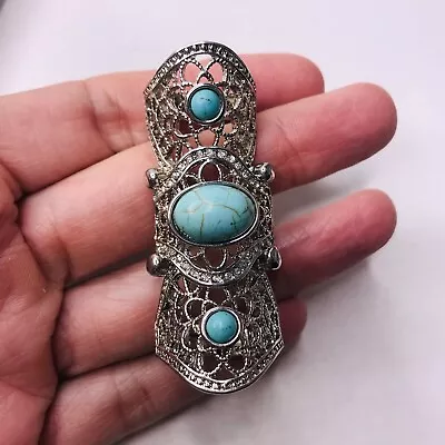 Ring Jointed Silver Tone Marbled Aqua Stone Filigree Open Weave Stretch Size 6.7 • $21.35