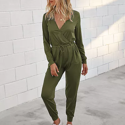 Long Sleeve Pants Jumpsuit Slim Lace Up V Neck Polyester Fashion Casual Wome Sag • $40.07