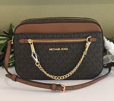 Michael Kors Jet Set Large Zip Chain Crossbody Bag Shoulder Mk Brown Signature • $89.99