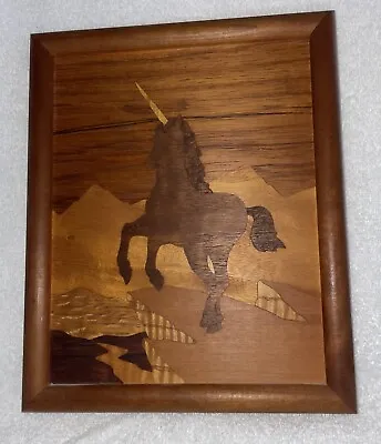 Vintage Handmade Framed Wood Inlay UNICORN Picture By American Craftsman • $32