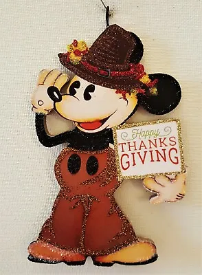 PILGRIM MICKEY W/ HAPPY THANKSGIVING SIGN  Glitter WOOD ORNAMENT * Vtg Img • $10.50