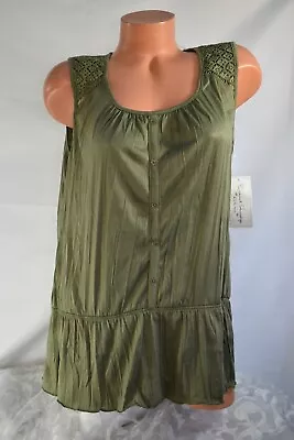 FRENCH LAUNDRY (M) Tunic Tank Top OLIVE GREEN Lace Shoulder Smocked Ruffle Hem • £3.37