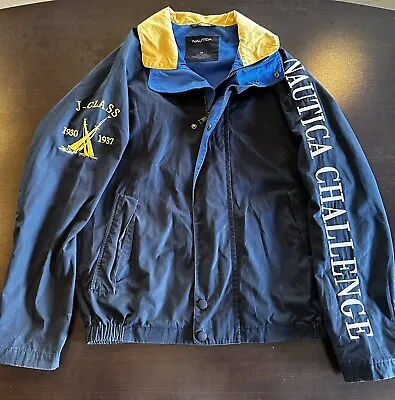 90s Vintage Nautica Challenge J Class Spell Out Sailing Jacket Sz Medium Navy • $29.95