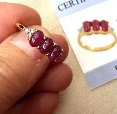 9K Gold Ruby (Cabouchon Cut) & Diamond Ring - Size N - Certified - Rare • £149.95