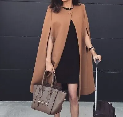 ZARA Rare WOOL CAMEL BROWN LONG CLOTH CAPE COAT JACKET 8091/744 Size SMALL S • $92.65