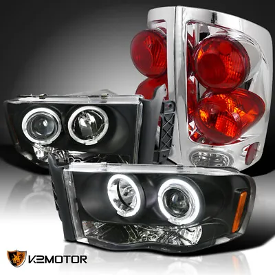 Fits 2002-2005 Dodge Ram Black LED Halo Projector Headlights+3D Clear Tail Lamps • $161.27