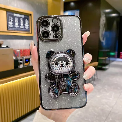 For Various Phone Quicksand Bead Bear Rotating Stand Case 6D Plating Cover Flash • $6.28