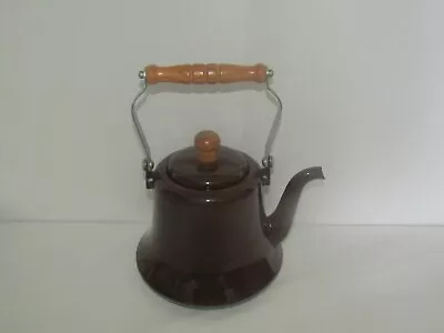 £26.10 • Buy Vintage Enamel Metal Tea Pot With Wooden Handles Chocolate Brown