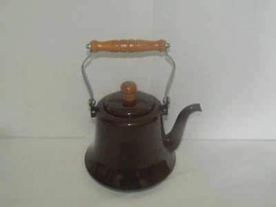 £26.10 • Buy Vintage Enamel Metal Tea Pot With Wooden Handles Chocolate Brown