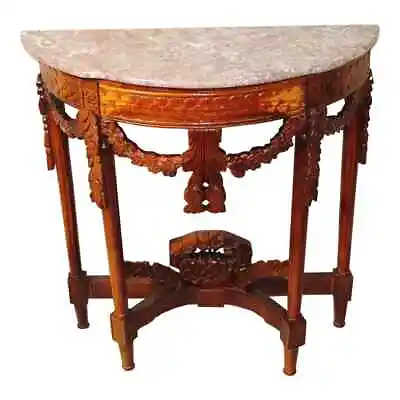 Vintage Half Moon Entry Console  Marble Top Table Hand Carved Cherry Blossom • $445