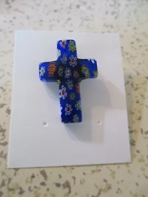 Pin Cross Millefiore Cobalt Blue Venetian Glass Clasp Back 1 1/8  L X 3/4  W • $15