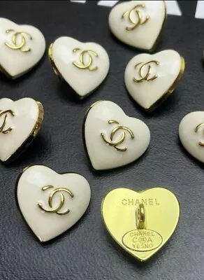 Set Of Two (2) CHANEL HEART BUTTONS WHITE GOLD CC LOGO METAL 17MM VINTAGE • $25