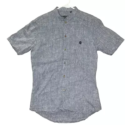 F.nebuloni Mens Mock Neck Casual Button Down 100% Linen Shirt Blue S NWOT • $25