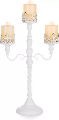 White 3 Arm Candelabra 56cm Tall Pillar Candle Holder For Table Centrepiece • £14.99