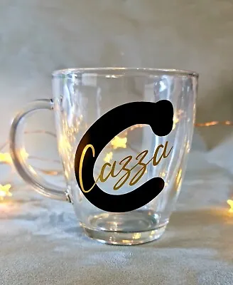 Personalised Glass Mug Initial & Name Coffee Tea Chocolate Hot Gold Drink Cup • £6.99