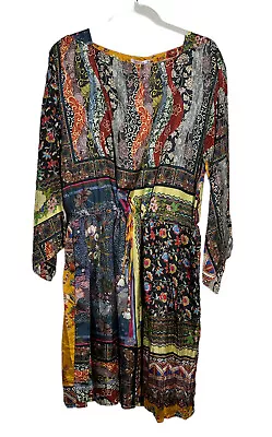 Johnny Was Anya Marisa Dress XL Mixed Print Silk Drawstring Kimono Sleeve $378 • $206.99
