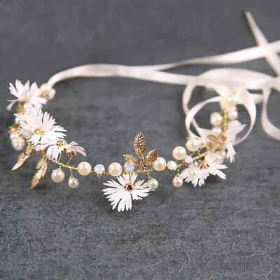 Gold Leaf Daisy Flower Headband Bridal Pearl Tiaras Hair Jewelry Ribbon  FFMKP_ • £5.39