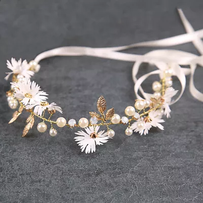 Gold Leaf Daisy Flower Headband Bridal Pearl Tiaras Hair Jewelry Ribbon  ZT • £3.63