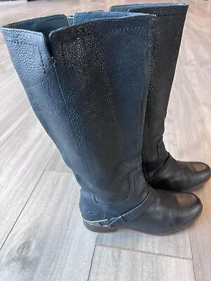 Ugg Women’s Boots Sz 8.5 Channing Black Pebbled Leather Harness Tall Riding 3184 • $30