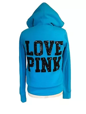 Victoria Secret Pink Y2K Vintage Blue Fur Lined Jacket/Zip Hoodie Small • $69.99