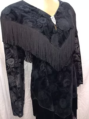 1980's Black Soft Rayon Brocade Fringed Dress By Legends By Judy Berger M • $27