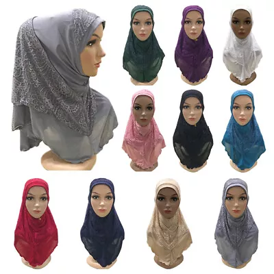 One Piece Muslim Women Scarf Lace Amira Hijab Shawl Ready To Wear Cap Cover Arab • £8.39