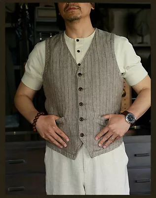 100% Linen Vest Men Vintage Casual Striped Waistcoat Slim Pockets Work Coat Tops • £83.99