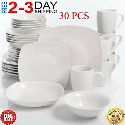 $41.98 • Buy 30-Piece Dinnerware Set White Ceramic Kitchen Dish Square Dinner Plates Mugs NEW