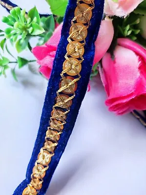 £2.10 • Buy 1yard New Indian Royal Blue  Velvet Ribbon Trim Lace With Gold Sequin Work