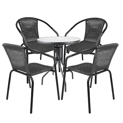 Bistro Set Grey Wicker Chairs Round Glass Table Rattan Seat Outdoor Garden Patio • £24.99