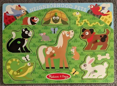 $13.50 • Buy Melissa And Doug Neighborhood Pets Animals Wooden Wood Peg Puzzle Board