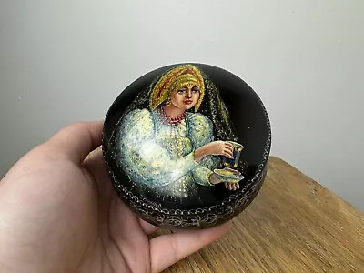 Vintage Round Hand Painted Woman Tea Cup Russian Lacquer Box Artist Signed 4” • $32