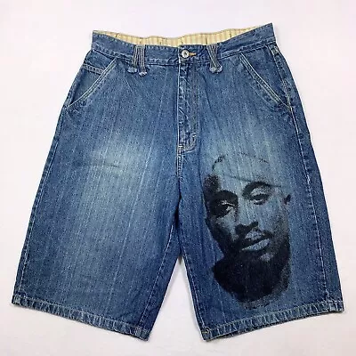 Vintage Makaveli Tupac Shakur Blue Denim Shorts Mens 35x14 Y2K Portrait Tag 34 • $24.99