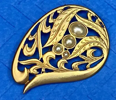 Art Nouveau Leaf Pearls Gold Tone Brooch Pin Costume Jewelry Signed Venue • $9.94