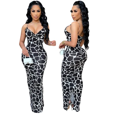 $18.58 • Buy New Stylish Women V Neck Spaghetti Strap Slit Bodycon Print Club Dress Sexy