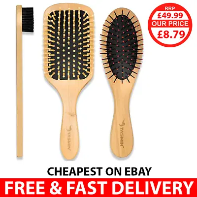 Natural Bamboo Professional Hair Brush Set Anti Static Paddle Eco Friendly Comb • £8.79