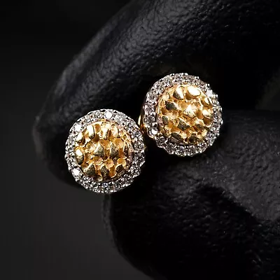 Men's 0.20Ct 14K Gold Round Circle Nugget Iced Natural Diamond Stud Earrings • $310.99