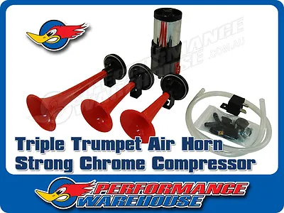 Triple Trumpet Alternating 12V Air Horn Set W/Strong Chrome Compressor • $34.71