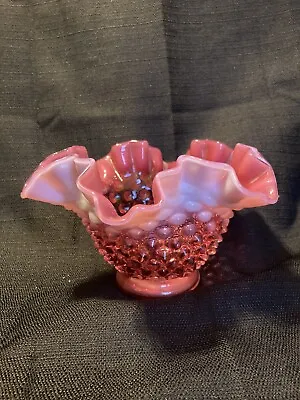 Vintage Fenton Cranberry Hobnail Opalescent 4” Bowl / Vase Ruffle Edge • $15