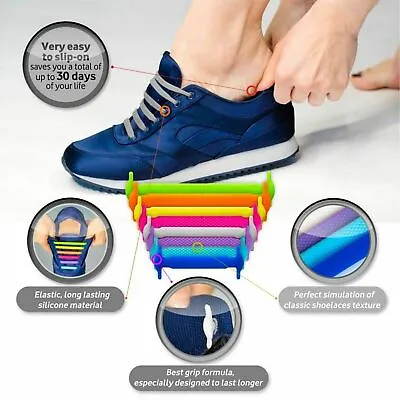Silicone Shoe Laces No Tie Adults Kids Elastic Rubber Shoe Laces Trainer Shoes • £0.99