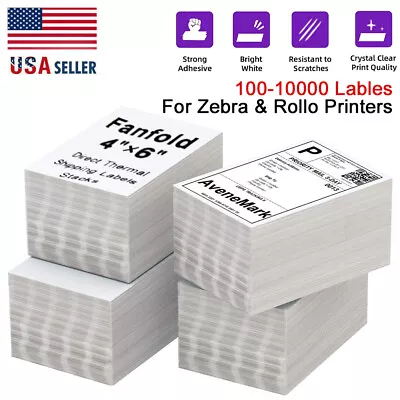 1000-10000 4 X6  Direct Thermal Shipping Labels Fanfold For Zebra/Rollo Printers • $73.95