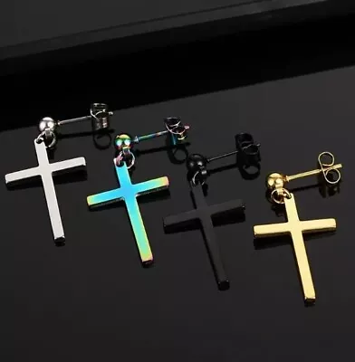 Stainless Steel Stud Earrings With Cross Pendant Gothic Punk • £4.49