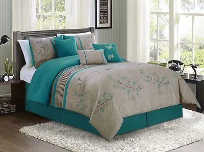 $69.99 • Buy Chezmoi Collection 7-piece Teal Cherry Blossoms Floral Embroidery Comforter Set