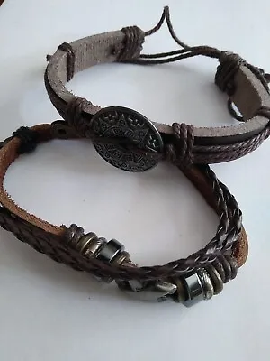 2 Gents Beaded Leather Bracelets. Brown Braided/Hemp Wristband.   • £7.50