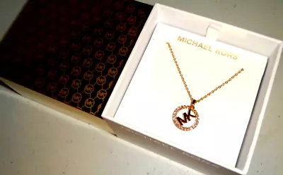 Michael Kors MK Logo Yellow Gold Necklace Crystals Pave MKJ7325710 + MK GIFT BOX • $44.99