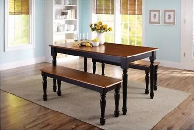 Dining Table Set 3 Piece Wood Bench Seat Bundle In Farmhouse Style Black And Oak • $349