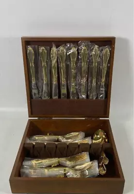 International China Stainless Gold Plated  Flatware Set 44 Pieces  & Wood Case • $89