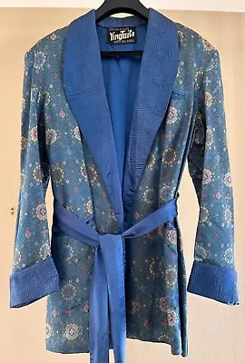 Vintage Stunning 1940s Chinese Blue Silk Brocade Men's Smoking Jacket Robe Coat • $999