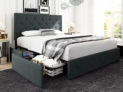 $254.99 • Buy Queen Platform Bed Frame With 4 Storage Drawers & Adjustable Headboard, Grey